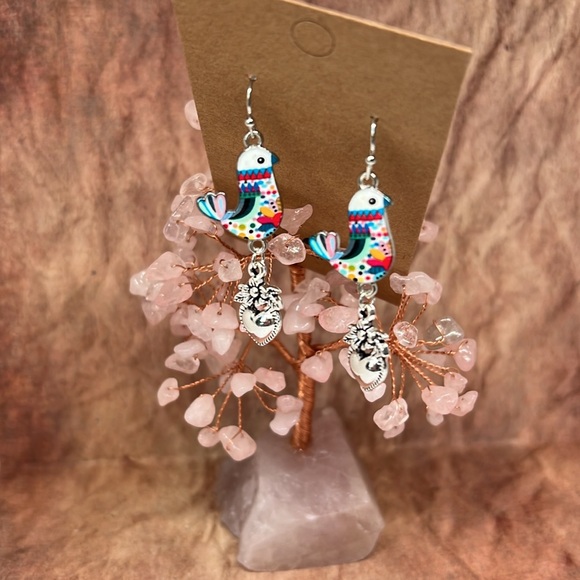 Handmade enamel colorful bird silver SACRED HEART Mexican inspired earrings - Picture 5 of 5